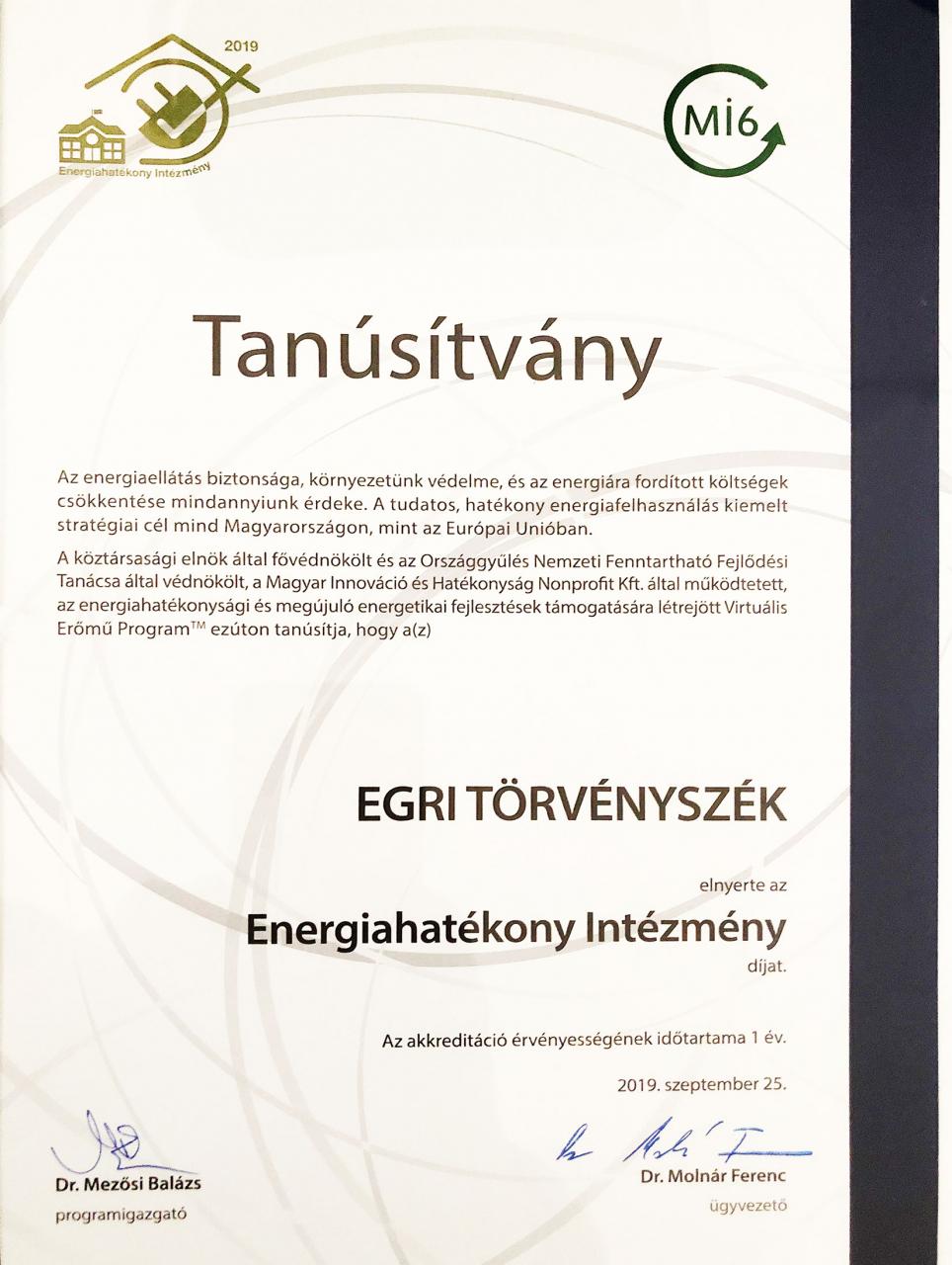 Egri energiatudatos Intézmény tanúsítvány