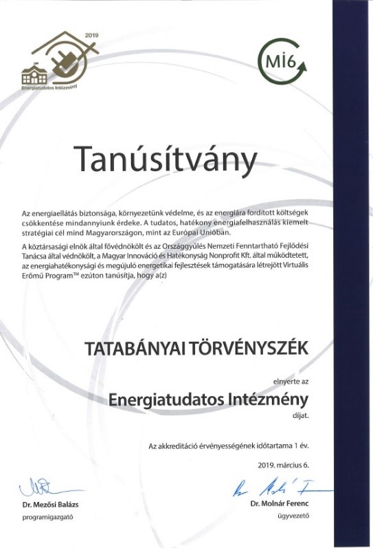 Energiatudatos Intézmény tanúsítvány